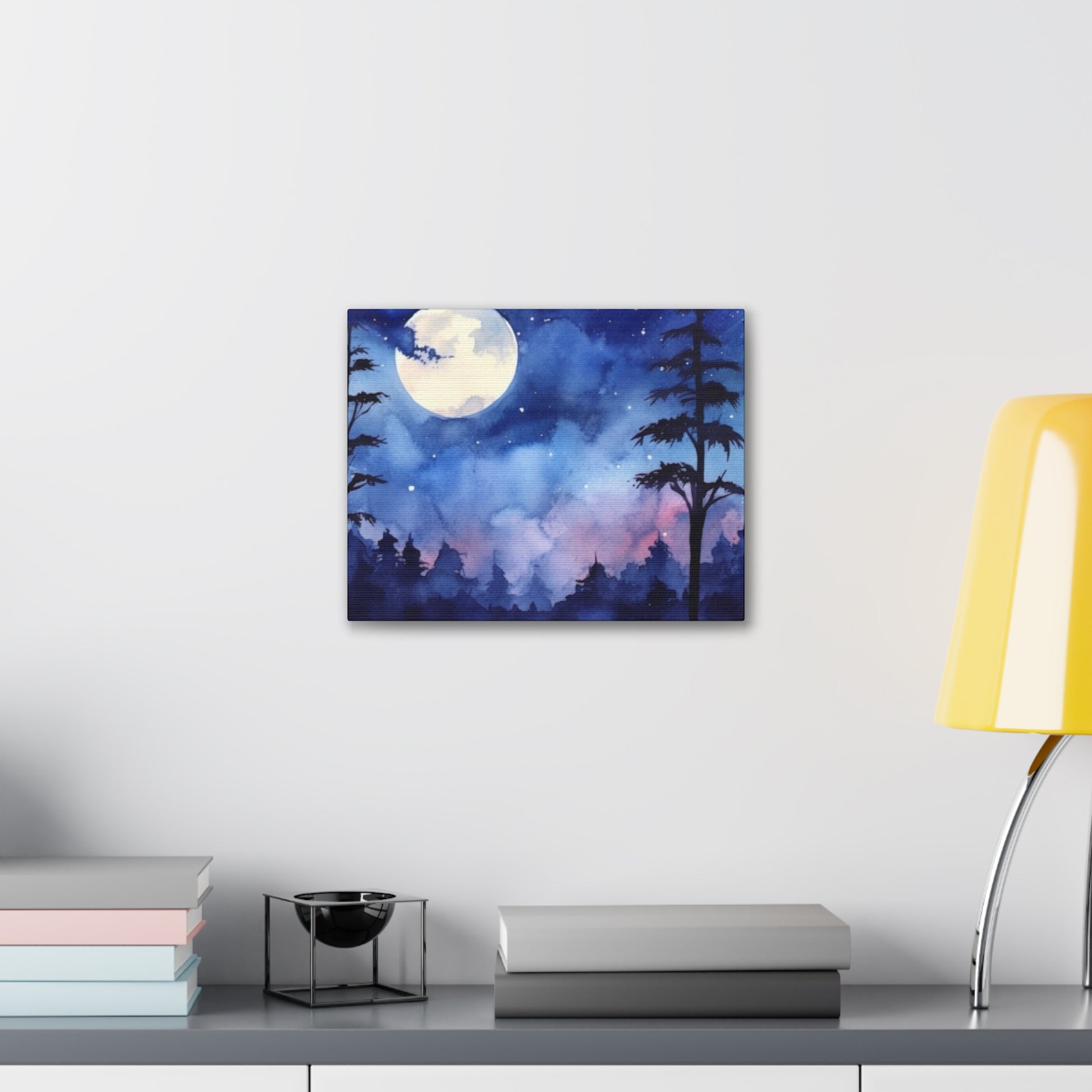 Night Sky Canvas Gallery Wrap, Full Moon Watercolor Wall Art Print Decor Small Large Hanging Modern Landscape Living Room Starcove Fashion