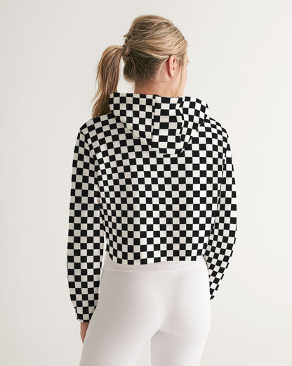 Black White Checkered Women Cropped Hoodie, Racing Check Ladies Aesthetic Graphic Hooded Pullover Sweatshirt Crop Jumper Top
