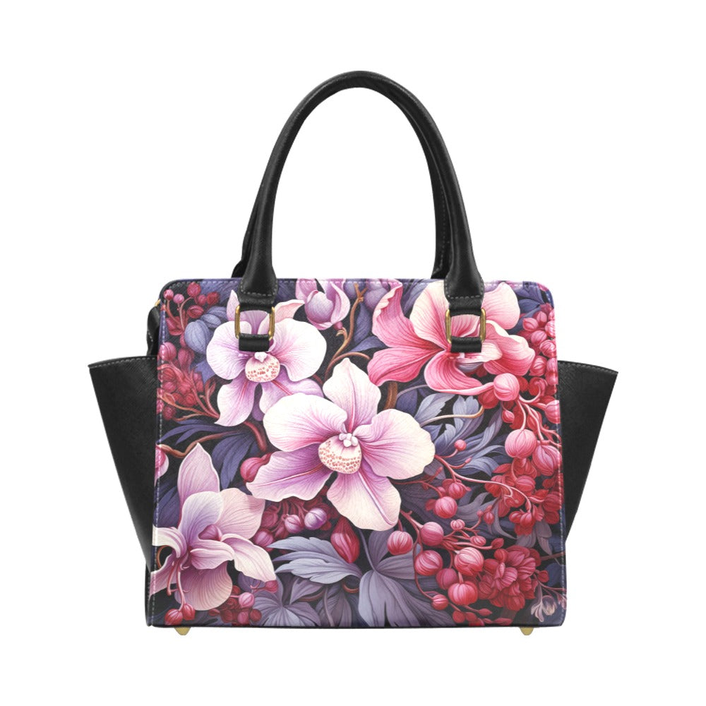 Orchids Floral Purse Handbag, Cute Flowers Pink Vegan Leather