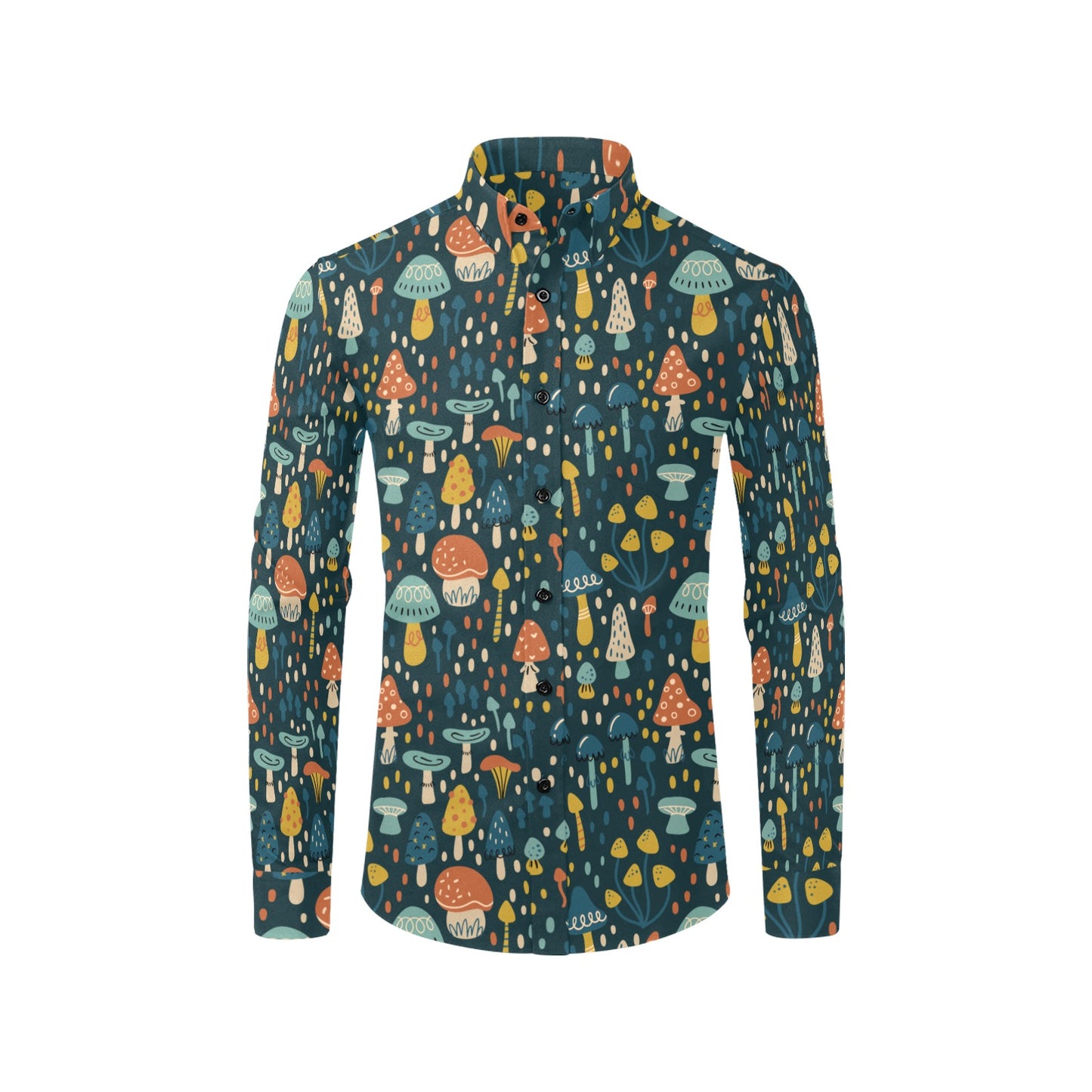 Green Mushroom Men Button Up Shirt, Long Sleeve Floral Nature Forest Cottagecore Print Casual Buttoned Collared Dress Shirt Chest Pocket