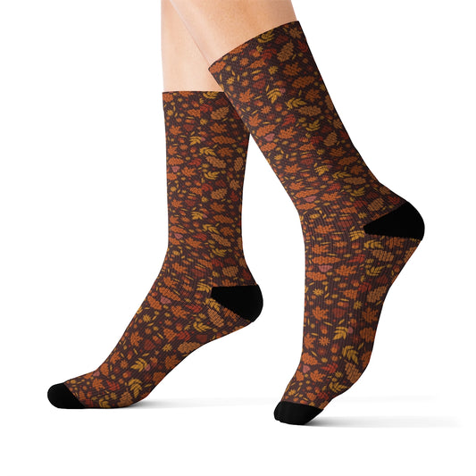 Fall Autumn Socks, Thanksgiving Leaf Brown Crew 3D Sublimation Women Men Designer Novelty Cool Casual Cute Unique Gift Starcove Fashion