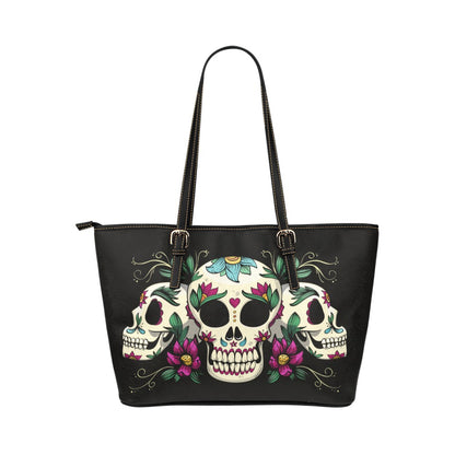 Sugar Skull Tote Bag Purse, Day of the Dead Print Handbag Women Vegan Leather Zip Top Small Large Designer Mexican Shoulder Gothic Work Bag