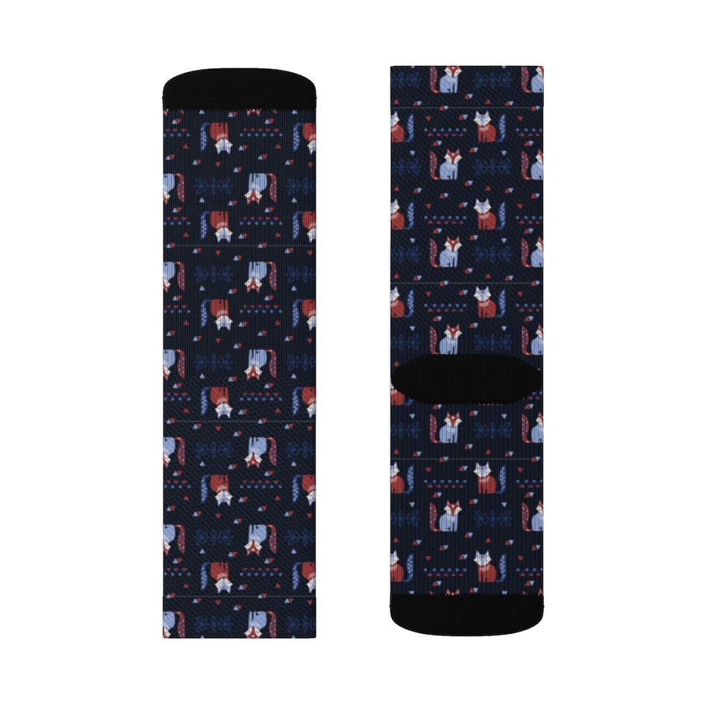 Navy Fox Socks, Blue Animal Pattern 3D Sublimation Women Men Funny Fun Novelty Cool Funky Crazy Casual Cute Crew Unique Gift Starcove Fashion