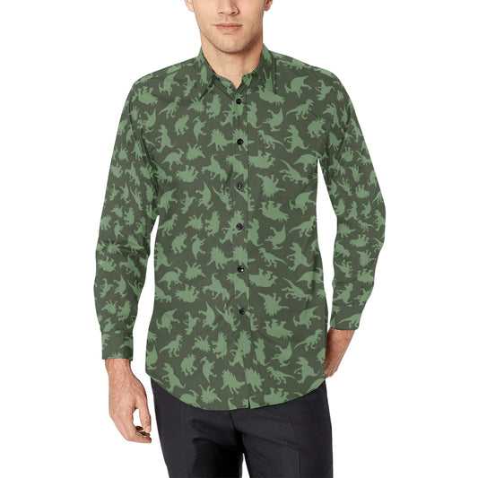 Dinosaurs Long Sleeve Men Button Up Shirt, Dino Green Print Buttoned Collar Casual Shirt with Chest Pocket