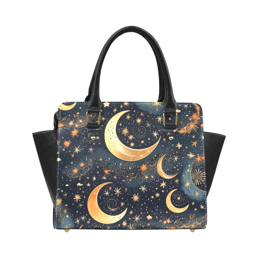 Moon and Stars Purse Handbag, Cute Celestial Vegan Leather Designer Women Gift Satchel Top Zip Handle Bag Shoulder Strap Ladies