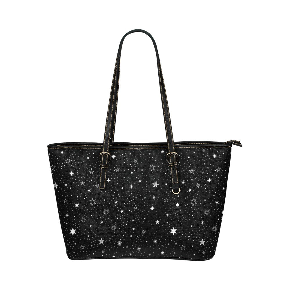 Stars Tote Bag Purse, Galaxy Space Celestial Print Handbag High Grade Leather Zip on Top Designer Handmade Shoulder Small Large Bag Women