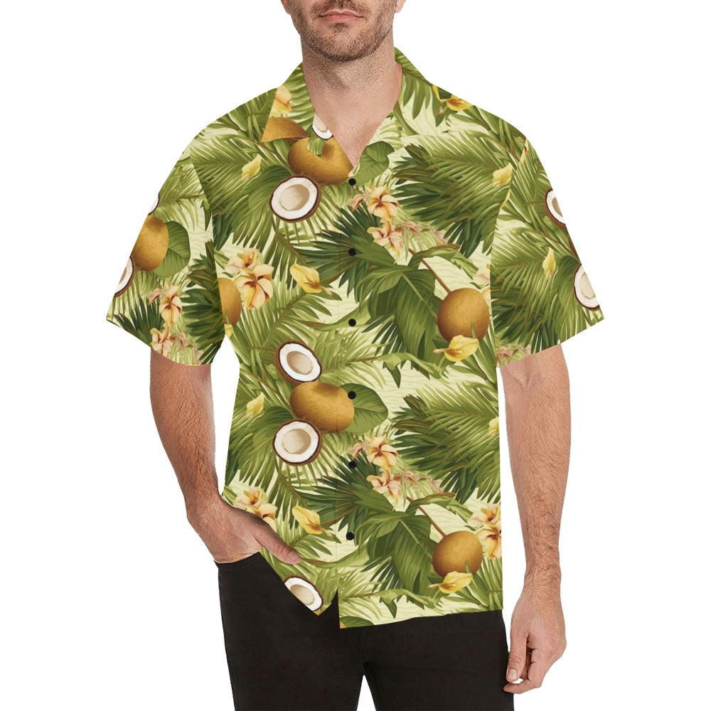 Coconut Men Hawaiian shirt, Tropical Green Flowers Fruit Vintage Aloha Hawaii Retro Summer Fruit Beach Plus Size Cool Button Down Shirt Starcove Fashion