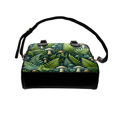 Forest Green Leather Purse, Vintage Leaves Cottagecore Plants Fern Mushroom Print Small Shoulder Women Designer Handbag Ladies Bag Crossbody