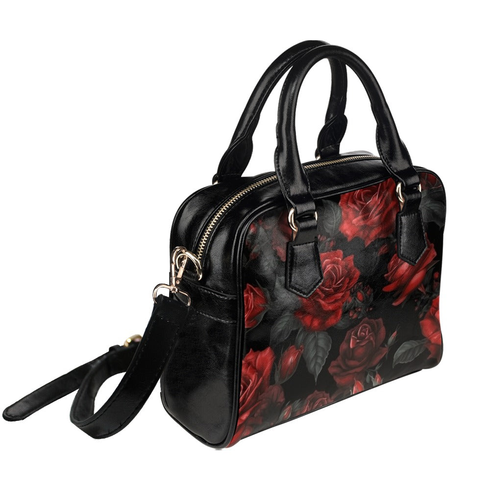 Red Roses Shoulder Purse, Cute Black Small Goth Retro Vintage Vegan Leather Women Designer Handbag with Strap Crossbody Bag Starcove Fashion