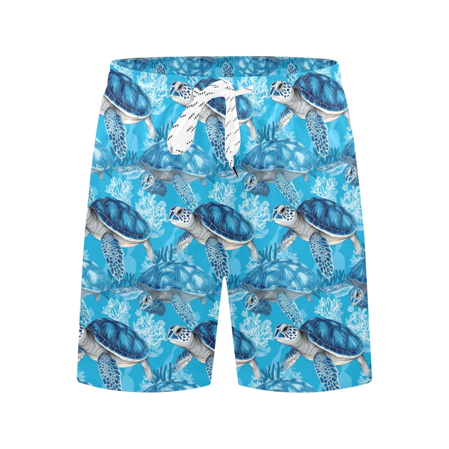 Sea Turtle Men Swim Trunks, Ocean Blue Print Mid Length Shorts Beach Pockets Mesh Linen Drawstring Male Casual Bathing Suit Summer Plus Size