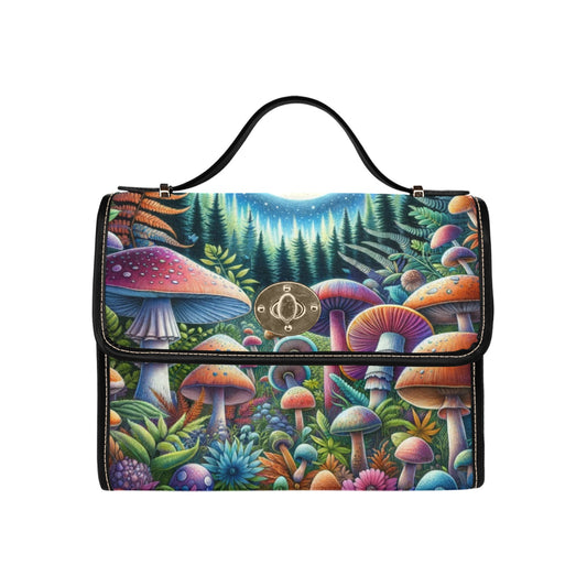 Moon Mushrooms Canvas Satchel bag, Night Sky Forest Cottagecore Waterproof Black Cute Women Crossbody Purse Vegan Leather Strap Handbag