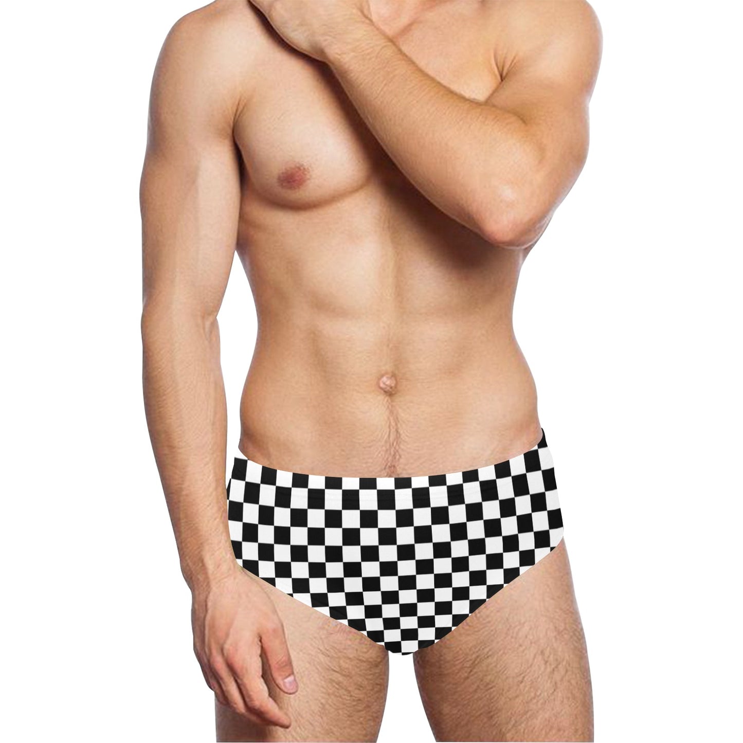 Checkered Men Swim Briefs, Black White Check Sexy 80s Swimwear Trunks Swimming Suit Swimsuit Low Rise Underwear Vintage Designer Bikini