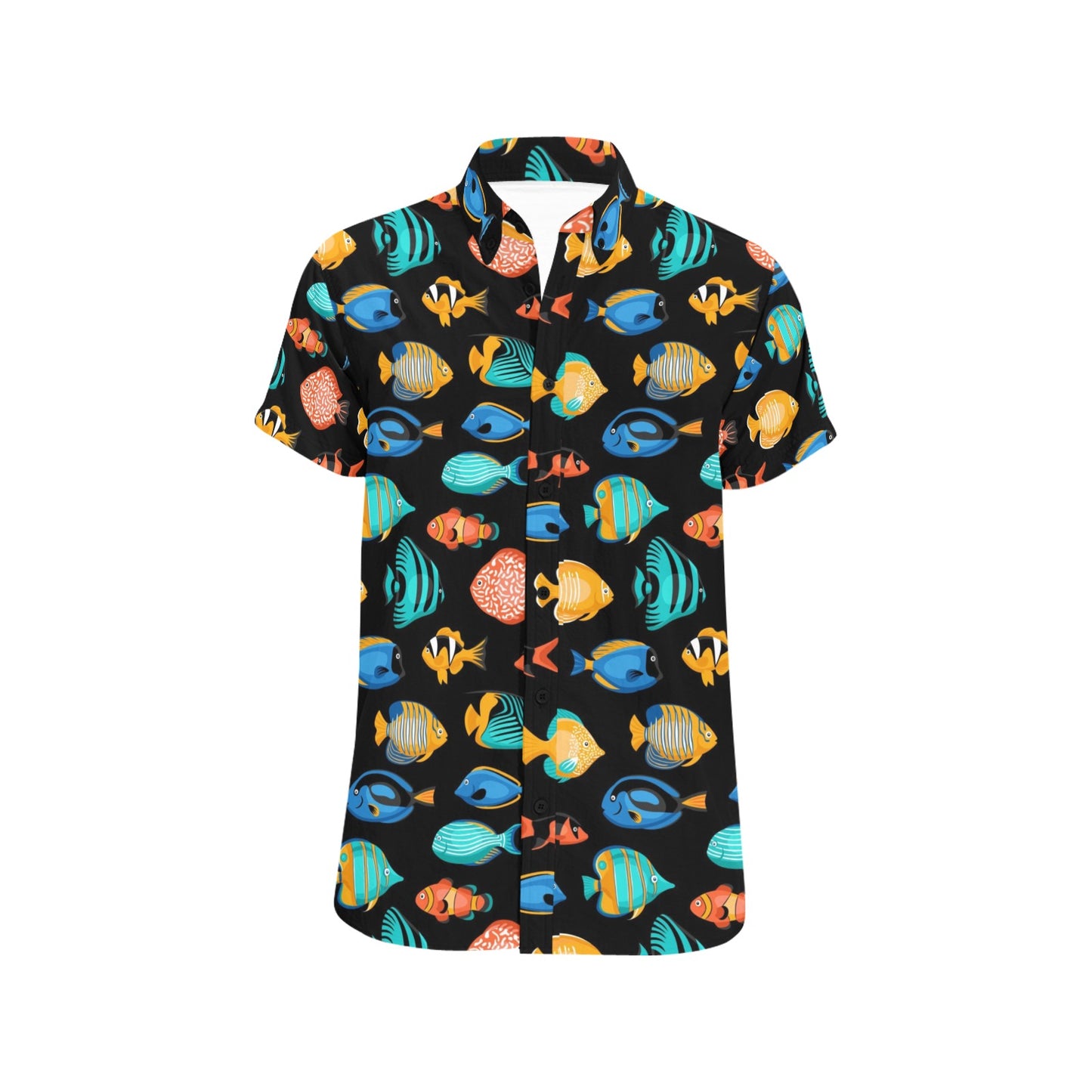 Tropical Fish Short Sleeve Men Button Up Shirt, Exotic Fishing Colorful Print Casual Buttoned Down Summer Casual Dress Plus Size Collared Starcove Fashion