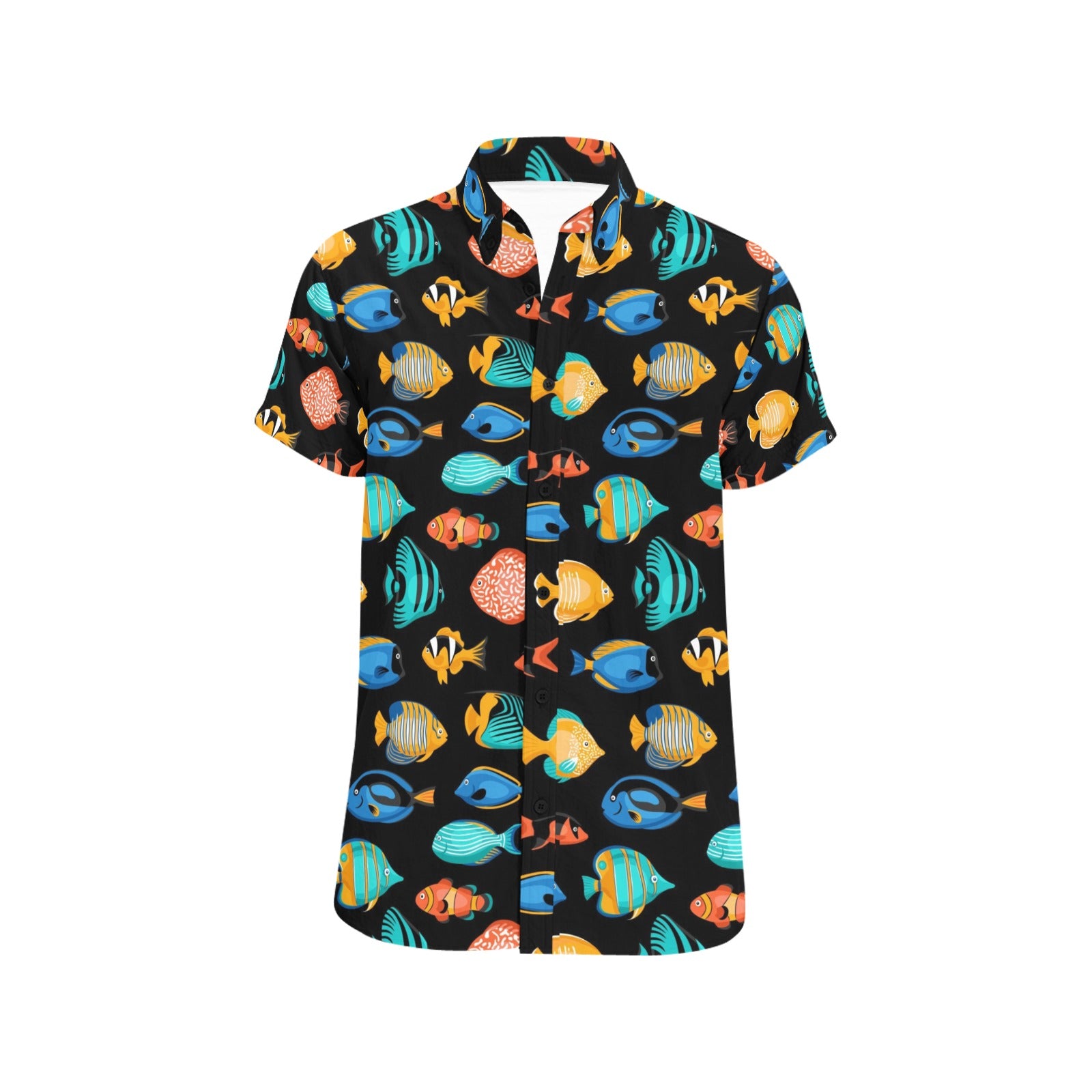 Tropical Fish Short Sleeve Men Button Up Shirt, Exotic Fishing Colorful Print Casual Buttoned Down Summer Casual Dress Plus Size Collared Starcove Fashion