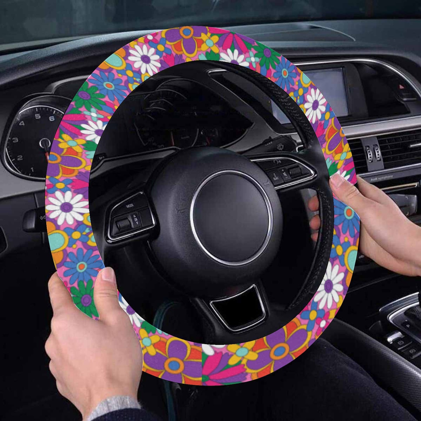 Retro Hippie Floral Steering Wheel Cover, Groovy Cute 70s Flowers Women Pink Print Car Auto Wrap Anti-Slip Insert Protector Accessories Starcove Fashion