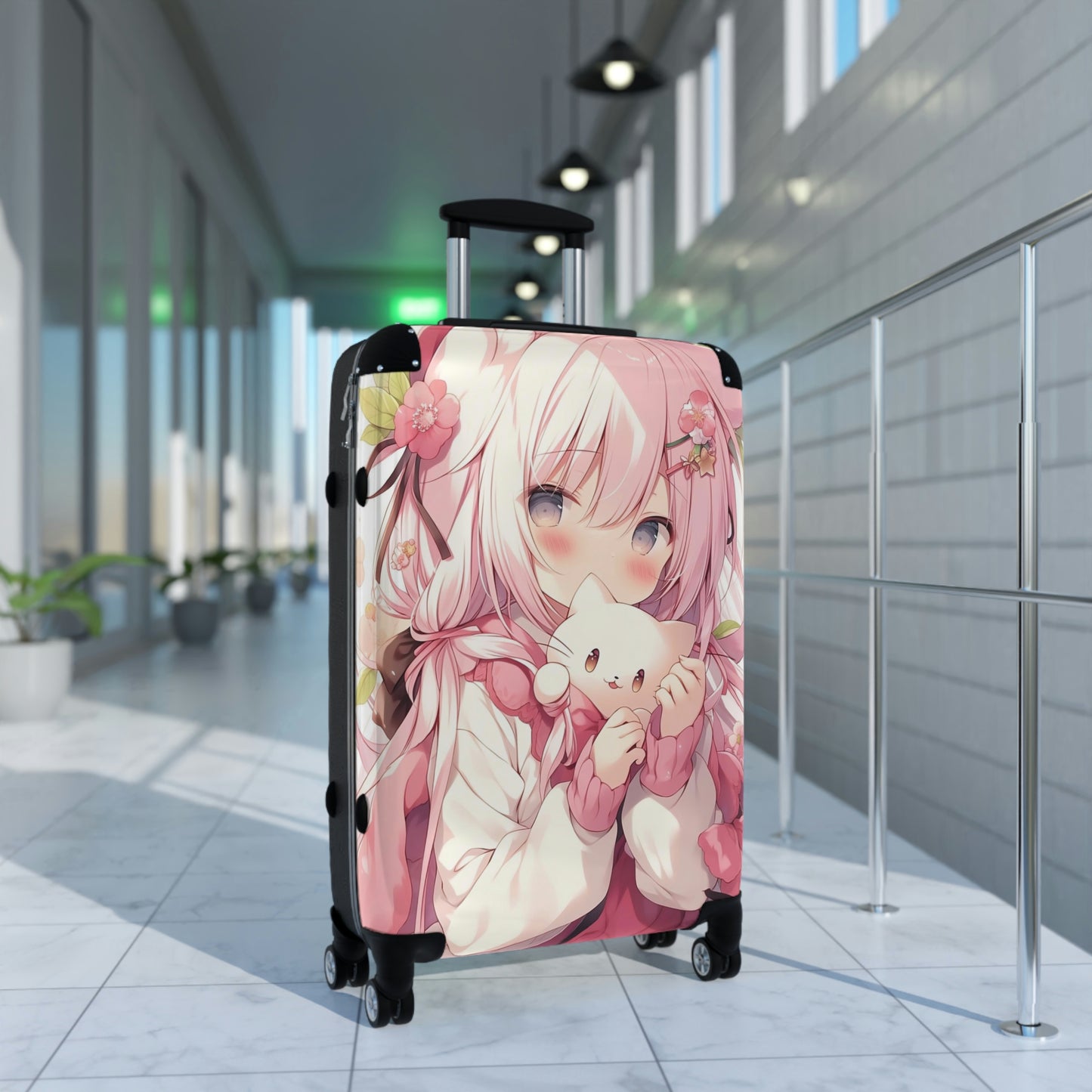 Pink Anime Suitcase Luggage, Girl Cat Kawaii Carry On 4 Wheels Cabin Travel Small Large Set Rolling Spinner Lock Designer Hard Shell Case