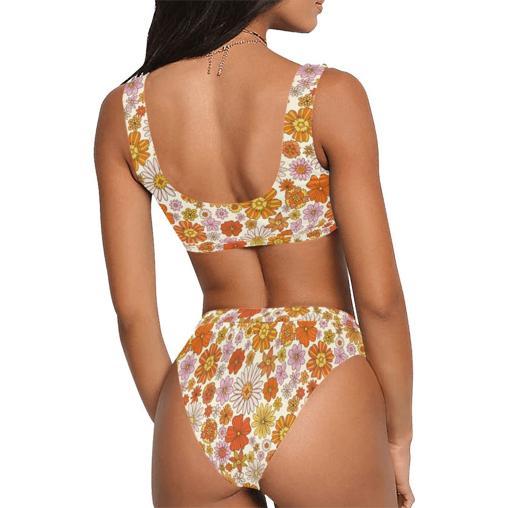 Women's High Waisted Bikini Set Swimsuit Floral Print Self Tied Two Piece Bathing  Suit -cupshe -blue/yellow : Target