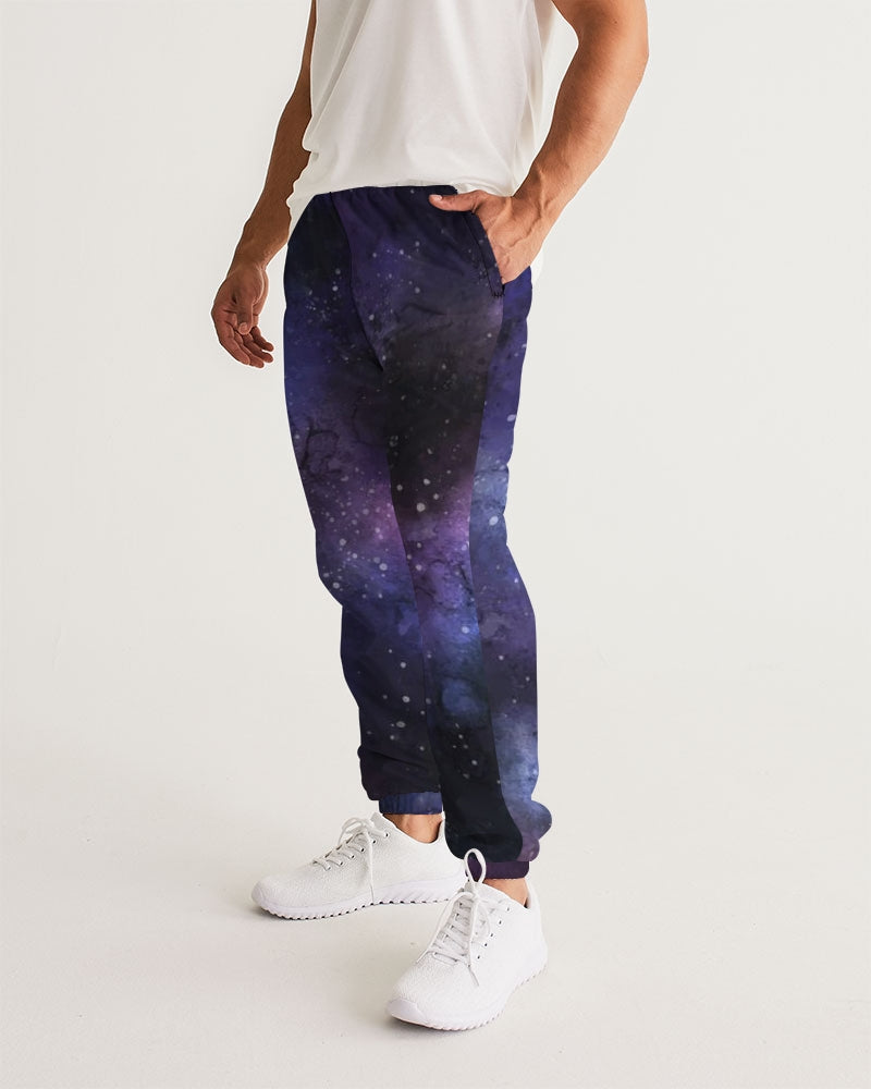 Galaxy Space Men Track Pants, Universe Stars Purple Zip Pockets Quick Dry Mesh Lining Lightweight Festival Elastic Waist Windbreaker Joggers