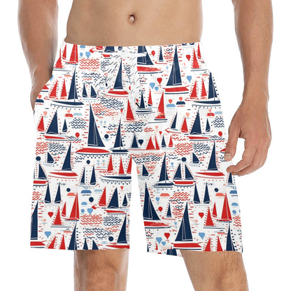 Sail Boats Men Swim Trunks, Red White Blue American Flag Nautical Shorts USA Patriotic Pockets Mesh Drawstring 4th of July Bathing Suit Guys