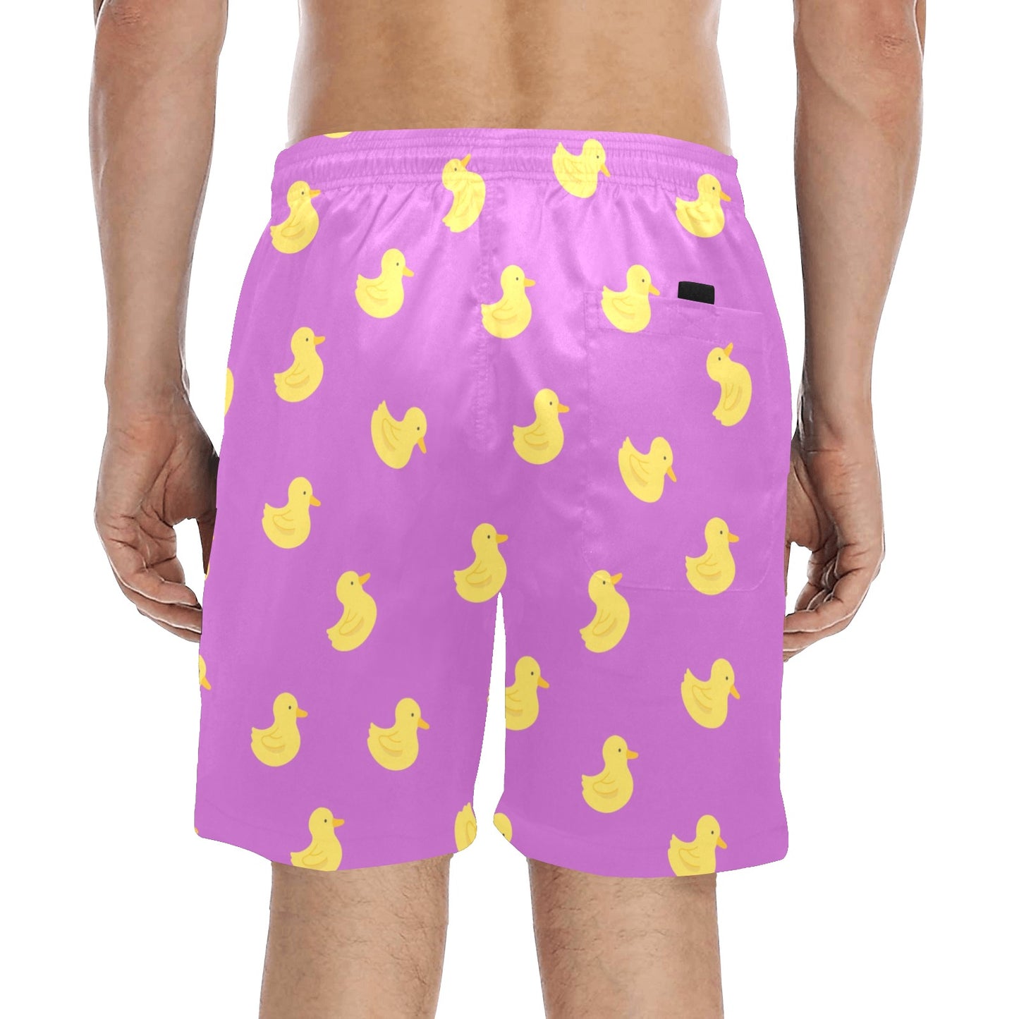 Pink Rubber Duck Men Swim Trunks, Yellow Mid Length Shorts Beach Front Back Pockets Mesh Linen Drawstring Bathing Suit Summer Plus Size Starcove Fashion