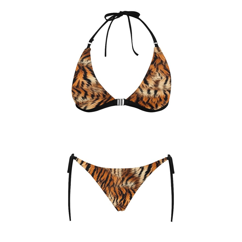 Tiger Print Bikini Set, High Waisted Women Animal Brown High Waist Bottom Bathing Suit Sexy Triangle Padded Halter Plus Size Swimsuit