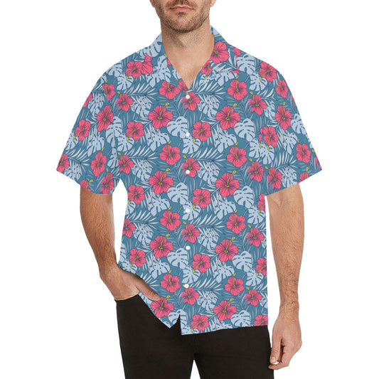 Tropical Men Hawaiian shirt, Blue Red Flowers Vintage Aloha Hawaii Retro Summer Tropical Beach Plus Size Cool Leaves Button Down Shirt