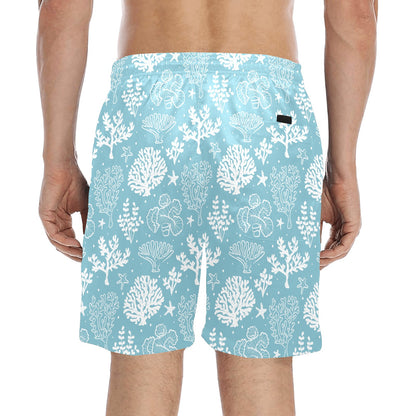 Coral Reef Men Mid Length Shorts, Ocean Sea Beach Swim Trunks Front and Back Pockets & Mesh Drawstring Boys Casual Bathing Suit Summer
