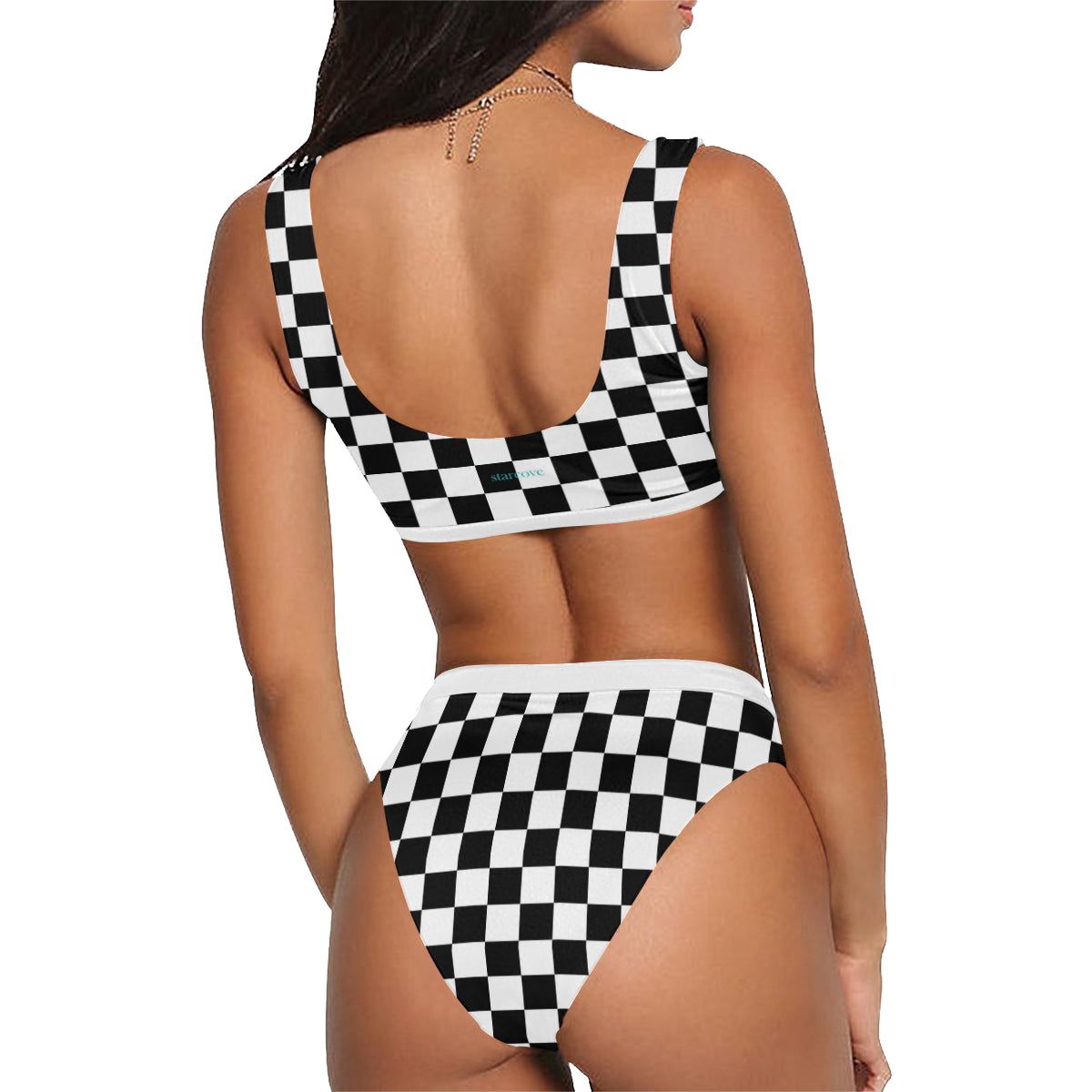 Black White Bikini Set, Checkered Checkerboard, 80s 90s Sport Top & High Waisted Bikini, Check Cheeky Swimsuit Swimwear Bathing Suit Starcove Fashion