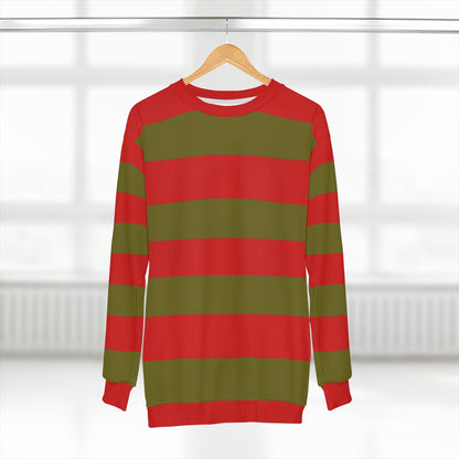 Olive Green & Red Striped Sweatshirt, Wide Stripes Crewneck Fleece Cotton Sweater Jumper Pullover Men Women Adult Top Starcove Fashion