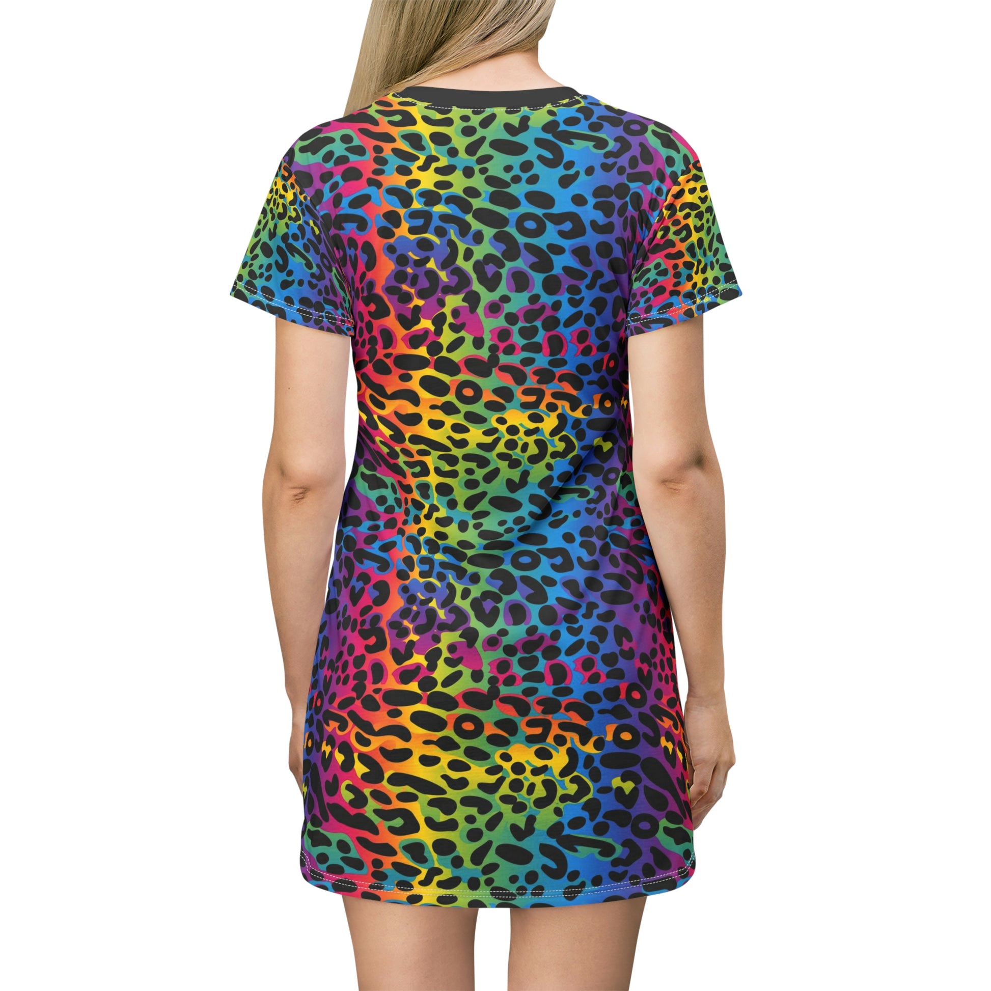 Rainbow Leopard Tshirt Dress, Animal Print Women Summer Beach Cute Festival Party Casual Short Sleeve Girls Ladies Tee L Rainbow Leopard Tshirt Dress, Animal Print Women Summer Beach Cute Festival Party Casual Short Sleeve Girls Ladies Tee L