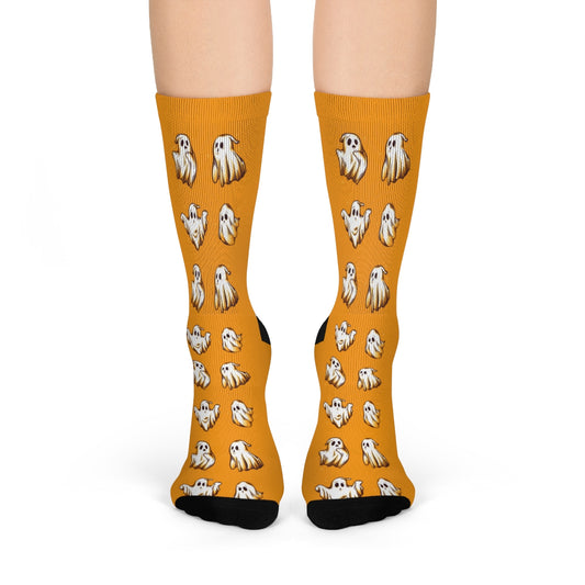 Halloween Socks, Orange Spooky Ghosts Funny Crew 3D Sublimation Women Men Fun Novelty Cool Funky Casual Cute Unique Gift Starcove Fashion