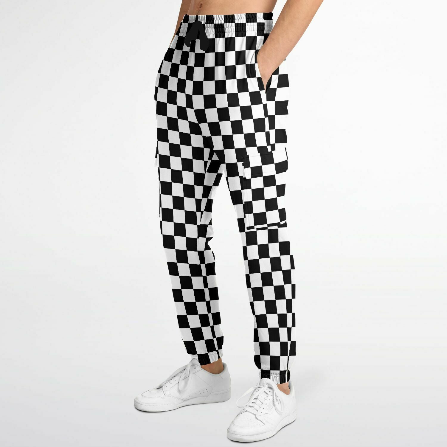 Checkered Cargo Pants with Flap Pockets, Black White Check Women Men Fleece Joggers Sweatpants Cotton Sweats Streetwear Starcove Fashion