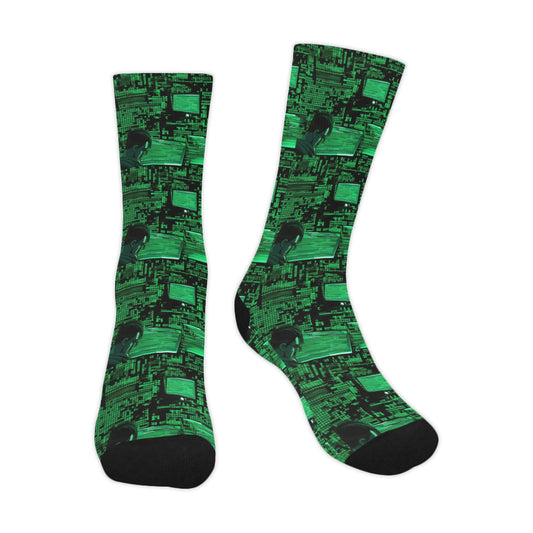 Computer Programmer Socks, Green Engineer Science Tech Coding Crew Sublimation Women Men Designer Fun Novelty Cool Funky Crazy Casual Unique