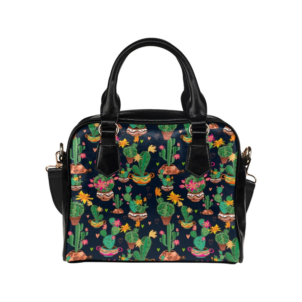 Cactus Purse, Flowers Succulent Black Cute Small Shoulder Bag High Vegan Leather Women Crossbody Designer Handbag Bag
