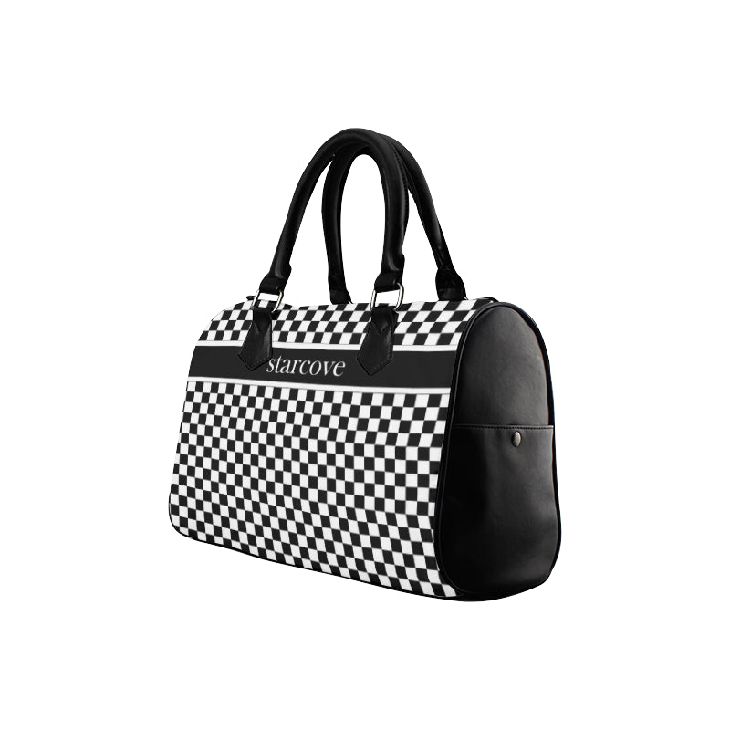 Black and White Handbag, Checkered Racing Flag Checkerboard Print Canvas and Leather Barrel Type Designer Top Handle Purse Starcove Fashion