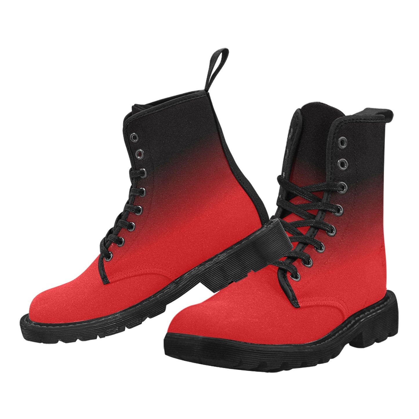Red Black Men Combat Boots, Ombre Gradient Tie Dye Design Pattern Vegan Canvas Festival Party Lace Up Shoes Fashion Print Casual Custom Gift Starcove Fashion