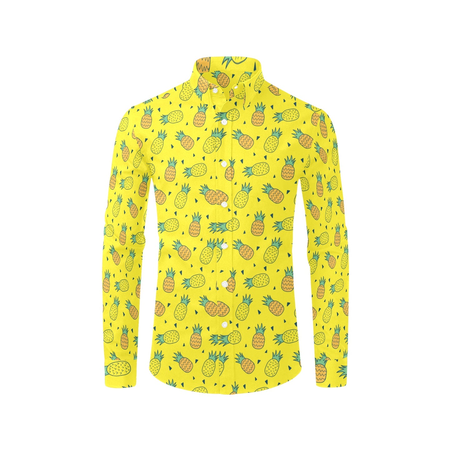 Yellow Pineapple Long Sleeve Men Button Up Shirt, Summer Fruit Print Dress Buttoned Collar Dress Shirt with Chest Pocket