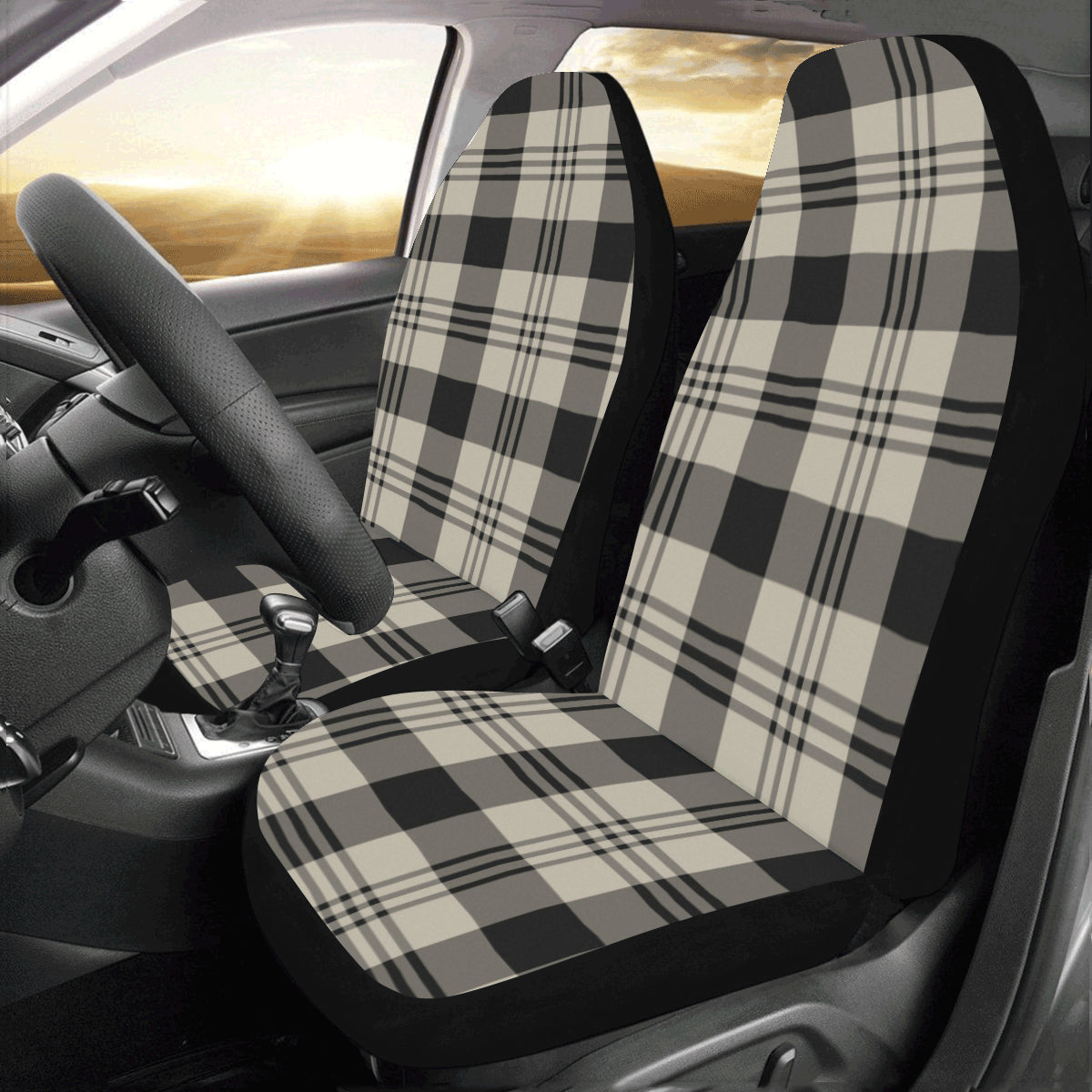 Plaid Car Seat Covers Set (2 pc), Tartan Buffalo Checks Black Beige Pattern Front Seat SUV Dog Protector Accessory Decoration Canvas Starcove Fashion