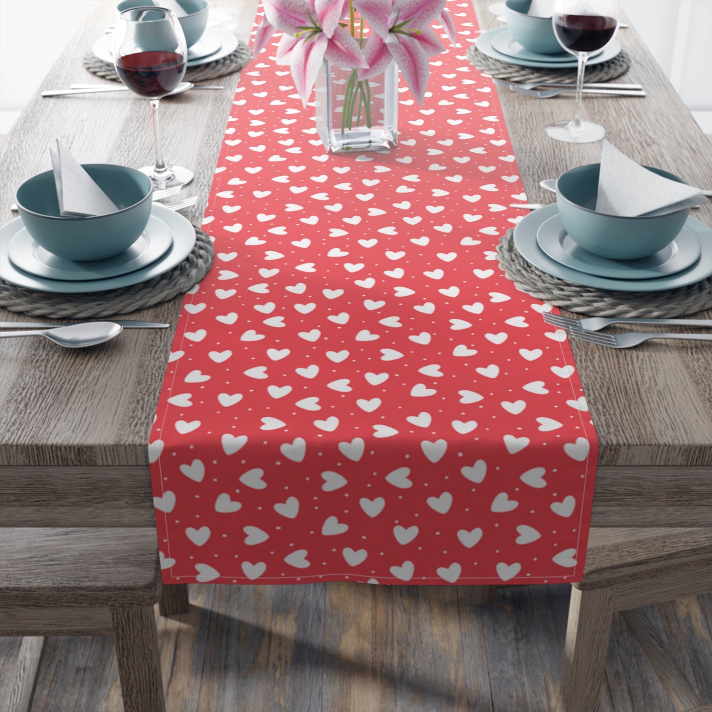 Hearts Table Runner, Valentine's Day Love Red Pink Romantic Home Decor Decoration Theme Tablecoth Dining Cotton Linen Starcove Fashion