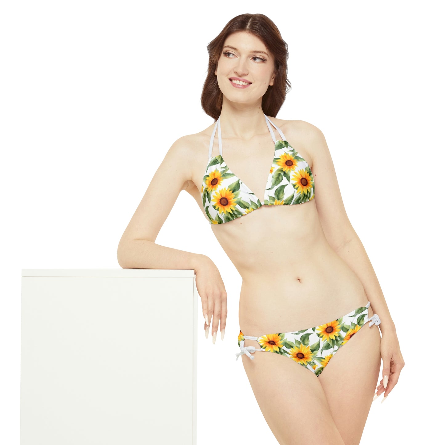 Sunflower Bikini Set, Yellow Flowers Floral White Cute High Waisted Cheeky Bottom String Triangle Sexy Swimsuits Women Swimwear Starcove Fashion
