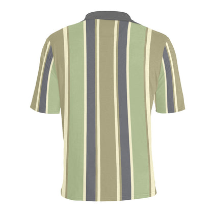 Green Vertical Striped Men Polo Shirt, 90s Vintage Stripe Short Sleeve Classic Collared Button Down Up Rugby Golf Polo Gift for Him