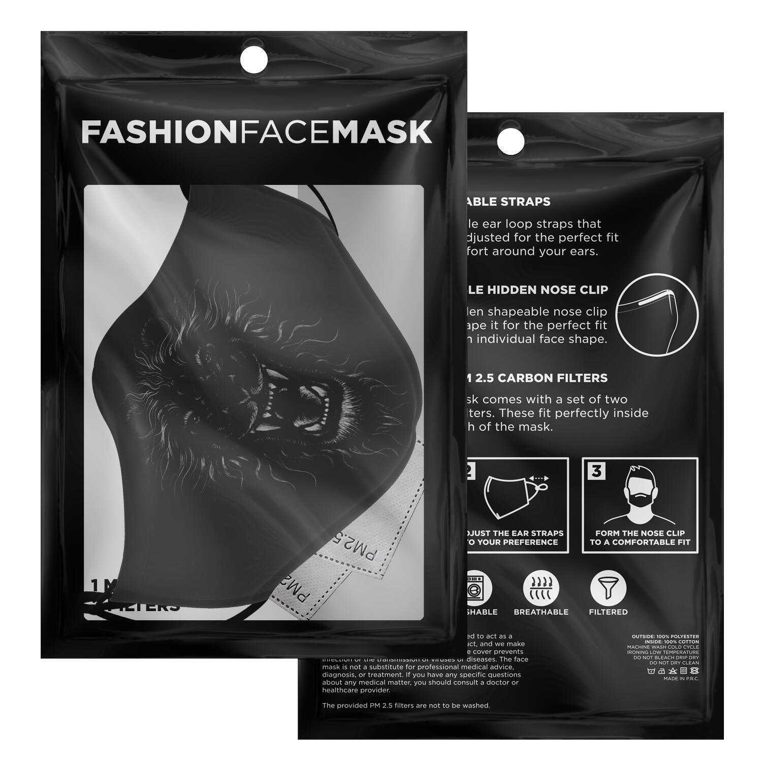 Black Lion Head Face Mask With Filter, Wild Fabric Dust Cloth Mouth Cover Fashion Washable Reusable Adult Men Women Kids Rave Mask Starcove Fashion