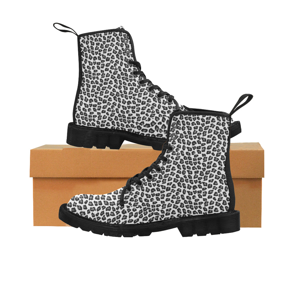Snow Leopard Women's Boots, Animal Print Vegan Canvas Lace Up Shoes, Black White Print Army Ankle Combat, Winter Casual Custom Gift Starcove Fashion