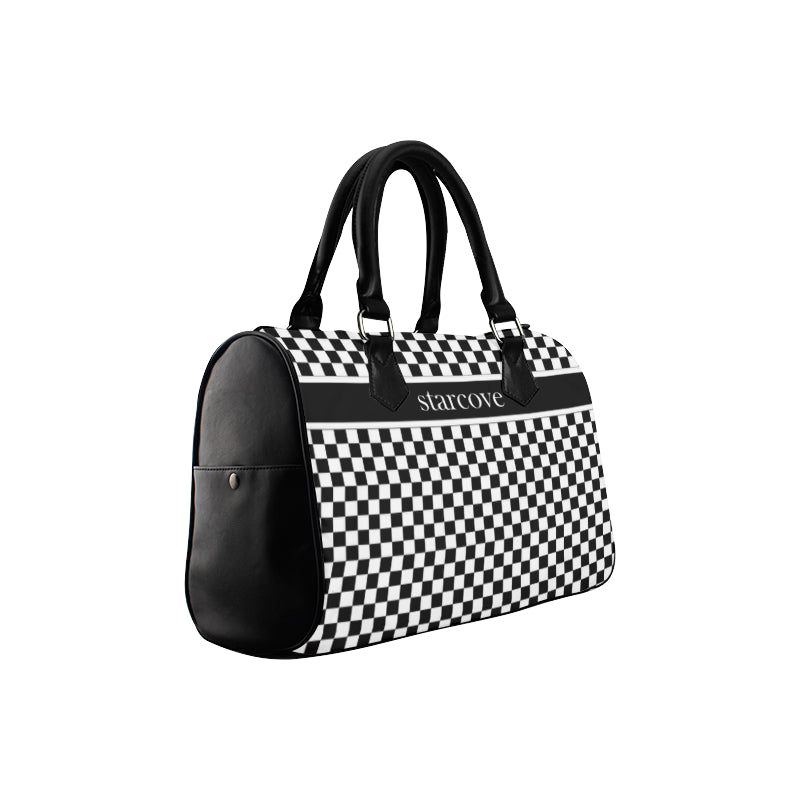 Black and White Handbag, Checkered Racing Print, Canvas and Leather Barrel Type Designer Purse Starcove Fashion