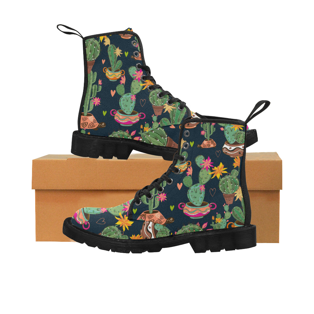 Cactus Women's Boots, Succulent Vegan Canvas Lace Up Shoes, Black Botanical Print Army Ankle Combat, Winter Casual Custom Gift Starcove Fashion