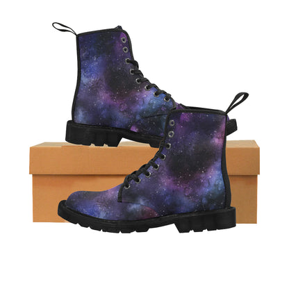 Galaxy Space boots Women's Vegan Canvas Lace Up Shoes, Purple Universe Constellation Festival Print Black Ankle Combat, Casual Custom Gift Starcove Fashion