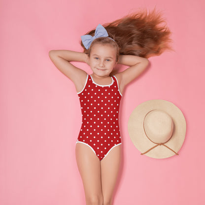 Red White Polka Dot Retro One Piece Little Girls Vintage Swimsuit (2T-7) Print Kids Bathing Suit Swim Swimming Children Modest Swimwear Starcove Fashion