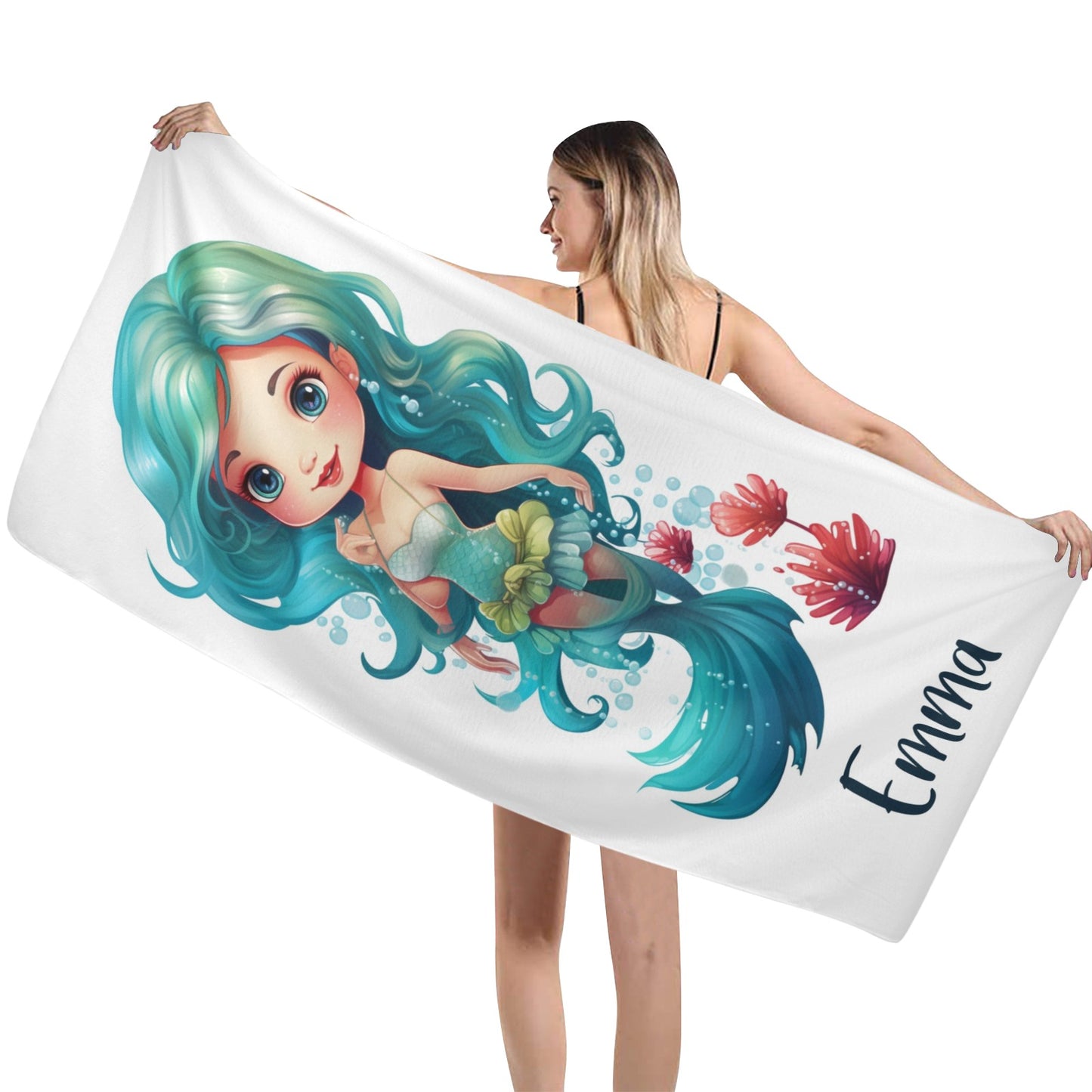Mermaid Custom Personalized Beach Towel, Name White Pool Microfiber Large Swim Quick Dry Kids Children Adult Girls Women Cotton Blanket