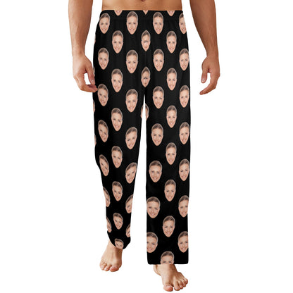 Custom Photo Face Men Pajamas Pants, Personalized Satin PJ Dog Pet Cat Funny Pockets Trousers Couples Matching Trousers