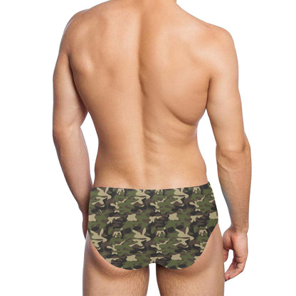 Camouflage Men Swim Briefs, Green Camo Sexy Swimwear Trunks Swimming Suit Swimsuit Low Rise Underwear Vintage Designer